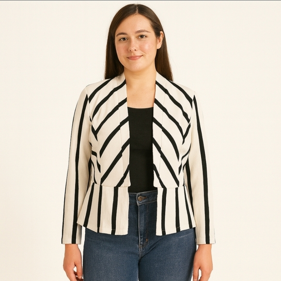 Chicos Womens White Black Ecru Long Sleeve Stripe Ottoman Jacket Size 0 - Picture 1 of 9